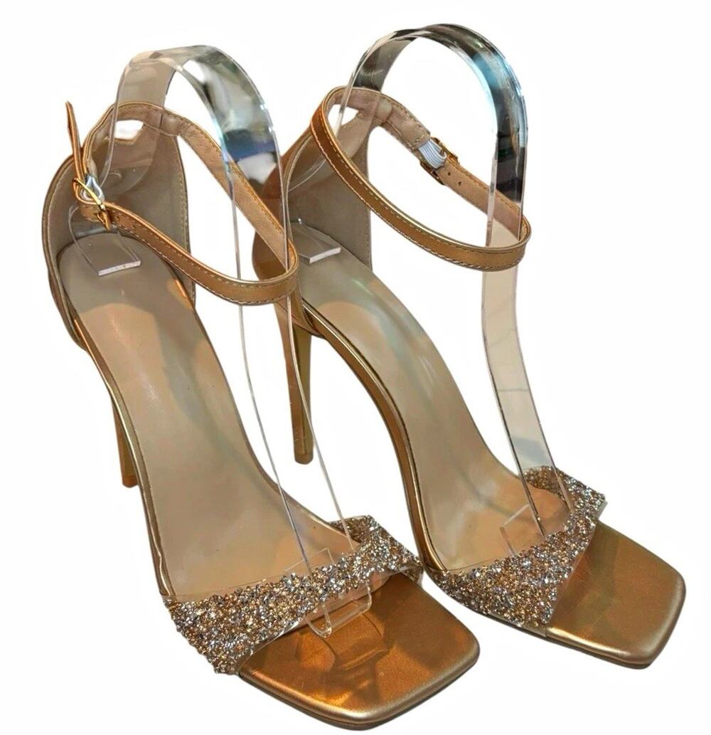 Gold Rhinestone Stiletto Heels Women’s Size 8.5 Square Toe Ankle Strap Sandals